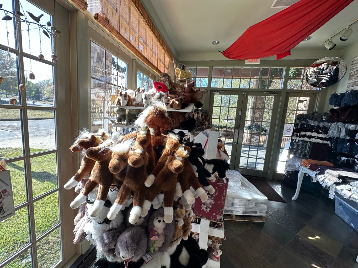 a group of stuffed animals sitting on top of a building